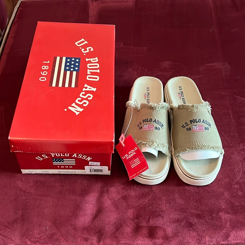 U.S. Polo Assn. Khaki Frayed Slide Sandals with Flag Embroidery